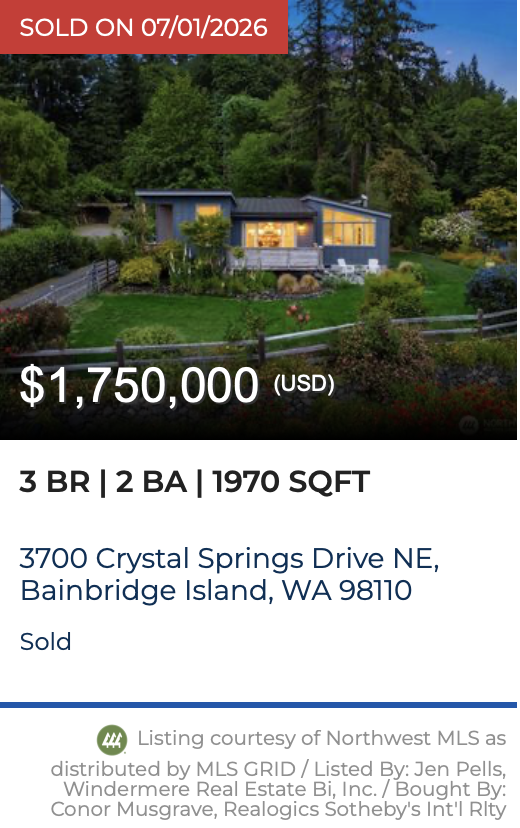Crystal Springs waterfront home on Bainbridge Island. Sold by Jen Pells Windermere Bainbridge.